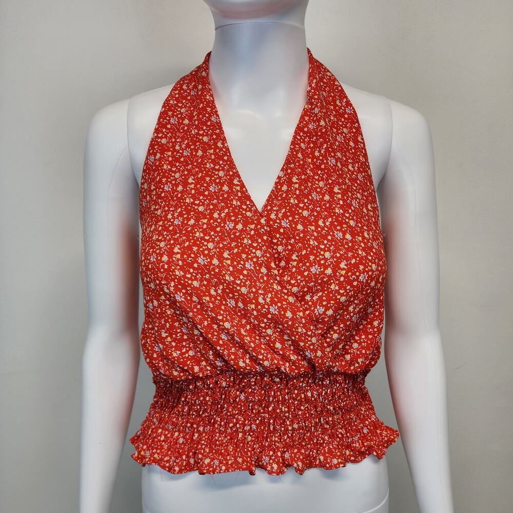 Womens Floral Smocked Halter Crop Top Size S Orange Wrap Front Boho Cottage Chic